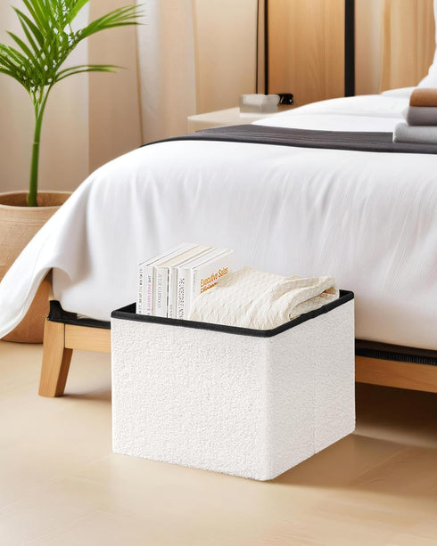 16.5"x12.6"x12.6" Small Ottoman with Storage, Sherpa Storage Ottoman Cube, Boucle Folding Foot Rest for Dorm, Living