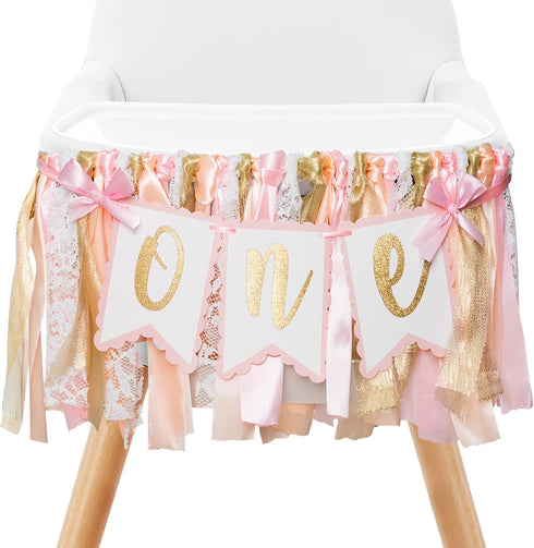 Q&High Life Pre - strung Pink Highchair Banner - 1st One Birthday Highchair Banner
