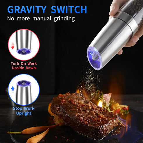 Set, 2 Pack) Gravity Electric Salt and Pepper Grinder Adjustable Coarseness, Automatic Shakers Mill Grinder with LED