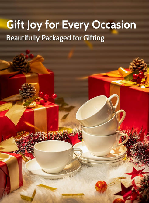 Sweese 6 Ounce Cappuccino Cups with Saucers, Porcelain Double Espresso Cups Set of 6