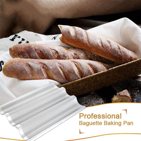 Stainless Steel Perforated Baguette Bread Pan, 15"x10" Loaf Pans for Baking, 3 Waves Toaster Oven Baking Tray (1 Pack)