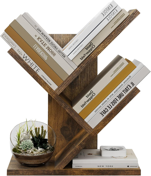 Tajsoon Tree Bookshelf, 3 Tier Book Storage Organizer, Desktop Bookshelf for CDs, Magazine, Rustic Brown