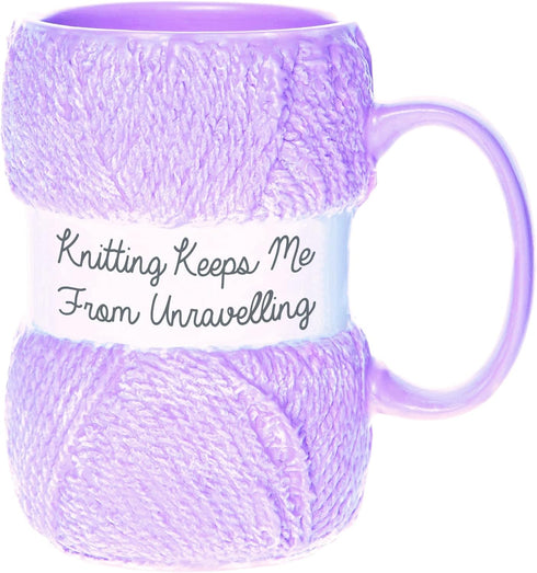 Boxer Gifts 'Knitting Keeps Me From Unraveling' Novelty Knitting Gift Mug, Light Pink with Realistic Yarn Detailing