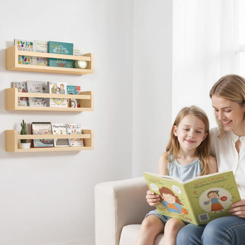 16.5 Inch Set 3 Floating Wall Nursery Book Shelves for Bedrooms Kids Natural Color Wooden Baby Book Shelf for Kids