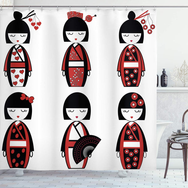 Ambesonne Ethnic Shower Curtain, Unique Geisha Dolls in Folkloric Costumes, Bathroom Decor Set, 69" W x 70" L
