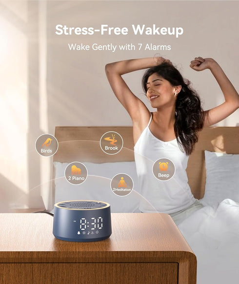 7 0-100% Dimmable, Dreamegg Sound Machine & Alarm Clock - White Noise Machine with Wake-Up Sounds, Night Light, Sound