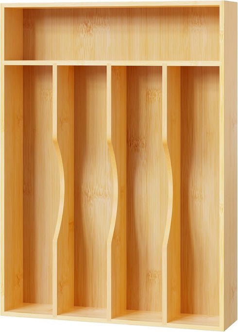 Bellsal 10 Inch Utensil Organizer, Silverware Tray for Drawer, 5 Compartment Bamboo Cutlery Organizer