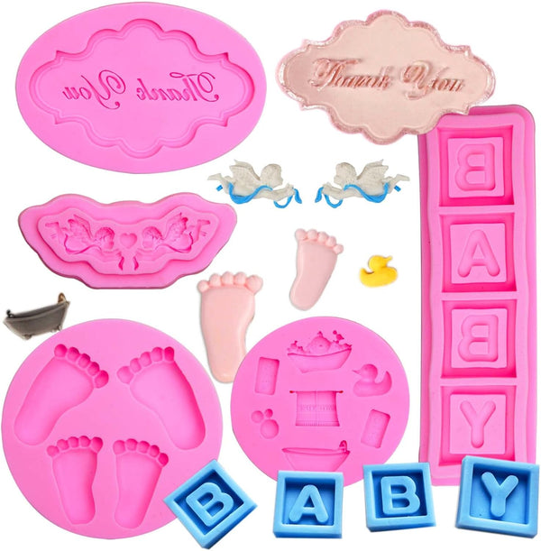 Baby Shower Fondant Molds (5 Pack) - Cute Silicone Chocolate Feet and Clothes Molds for Cake Decorating