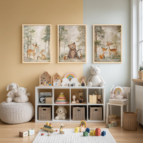 Cyebmo Set 3, 12"x16"x3 Woodland Animals Wall Art of Baby Boy Wild Forest Animals Wall Decor, Deer Bear Fox Canvas
