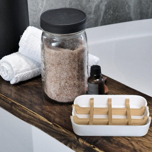 Aoheuo Modern Bamboo Fiber Soap Holder and Dish Combination, Removable, 5.12 Long, 3 Wide, White, 2 Pack