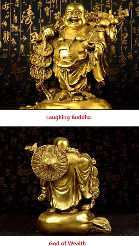 Fengshui Statue Buddha, Brass Laughing Buddha Carrying Bag, God of Wealth Figurines