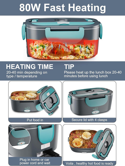 Buddew Electric Lunch Box 80W Food Heater, Portable Lunch Warmer for Car/Truck/Office with Insulated Carry Bag