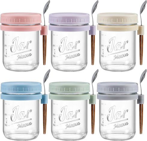 6 Pack Overnight Oats Containers with Lids and Spoons, 16 oz Glass