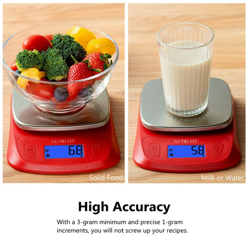 NUTRI FIT Ultra Slim Digital Kitchen Food Scale in Red/Stainless Steel, 1g Increment Measure for Coffee Making