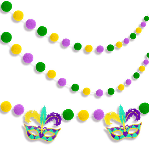 3 Pieces Pom Pom Garlands, Mardi Gras Decorations with Gold Purple Green Felt Ball Banners for Birthday Party