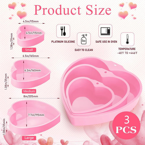 Heart Shaped Cake Pans, 3 Pcs Silicone Molds, Non-Stick Heart Baking Pans for Valentine's Day Desserts