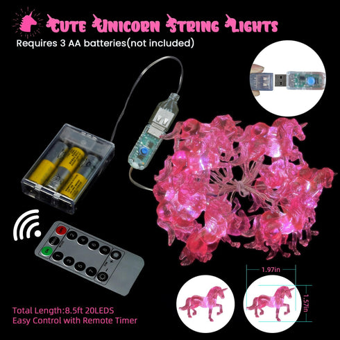 8.5 20LED Unicorn Night Lights Pink String Lights Cute Fairy Lights Unicorn Horse Gifts USB Plug in or Battery Power