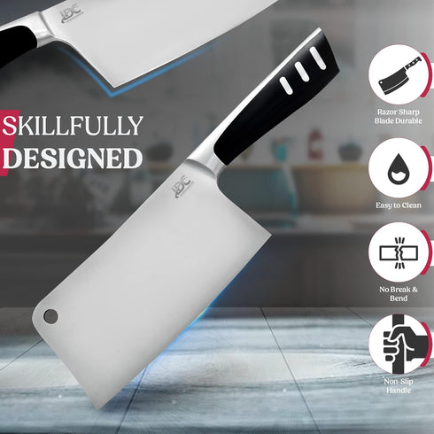 LDC 7" Inch Meat Cleaver Knife - High-Carbon Stainless Steel for Heavy-Duty Slicing, Mincing, Chopping