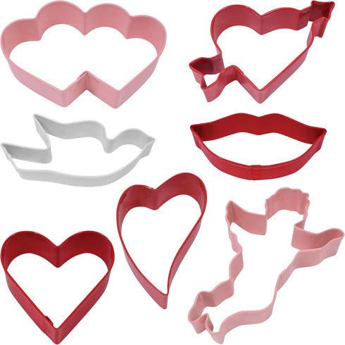 R&M Valentine Cookie Cutter Set, 7 Shapes - Heart, Double Heart, Arrow, Dove, Lips, Cupid, Red, Pink, White
