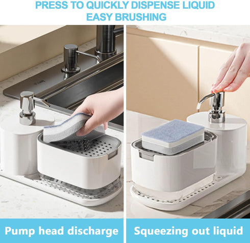 LUNHAJIN Set 4-in-1 Countertop Kitchen Soap Dispenser with Tray and Sponge Holder, Dish and Hand Soap Dispenser