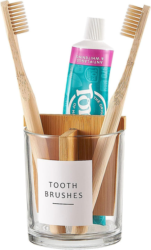 onsogi Glass Toothbrush and Toothpaste Holder with Bamboo Divider for Bathroom Countertop, Toothbrush