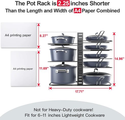 ORDORA Adjustable 8-Tier Pots and Pans Organizer: Under Cabinet Kitchen Storage for 6-11 inch Lightweight Cookware