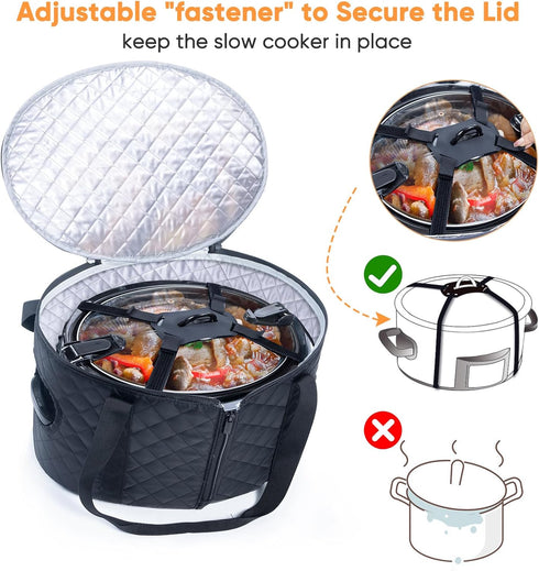 BAGSPRITE Slow Cooker Carrying Case for 6-8 Quart Crockpot, Hot Food Carrier with Lid Fastener, Hamlton Beach Tote