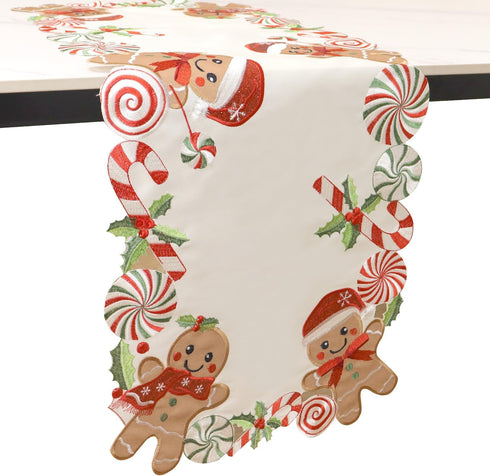 90 inches Gingerbread Table Runner Christmas Runners Embroidered Decorations Candy Cane Long for Kitchen Dinning Coffee