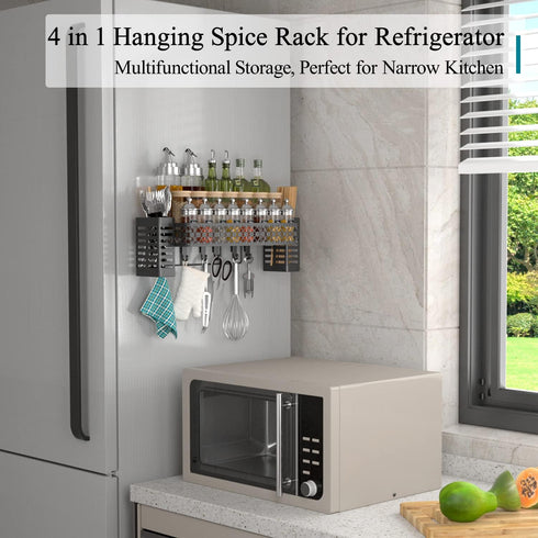 Wall Mount Hanging Spice Rack, Over Stove Spice Organizer Shelf with 6 Hooks and Utensil Holder, Black