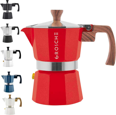 GROSCHE Milano Stovetop Espresso Maker Moka Pot, 3 Espresso Cup - 5oz, Red, Cuban Coffee Maker, Italian Espresso Brewer