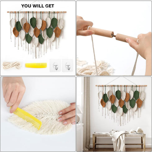 39"W 29.5"L KHOYIME Large Macrame Wall Hanging Boho Woven Tapestry, Chic Home Decor Modern Bohemian Handmade Leaf