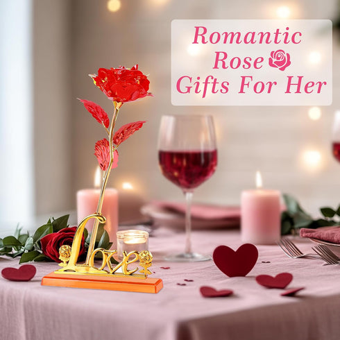 Childom Birthday Gifts for Women, Christmas Red Rose with Love Stand for Mom, Sweet Artificial Flower