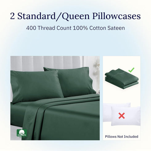 California Design Den Standard Queen Size Pillowcase Set, 400 Thread Count, 100% Cotton Sateen, Set of 2 Pillow Covers
