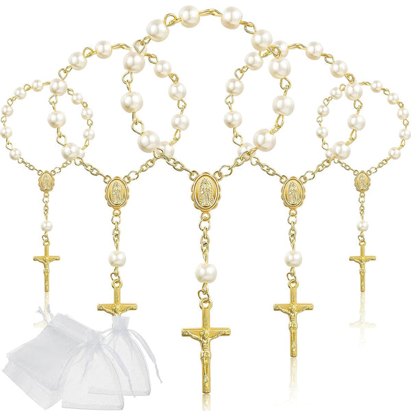 Junkin 30 Pieces Baptism Rosary, Acrylic Rosary Beads in Ivory Color with Gold Plated Faux Pearls and Organza Bags