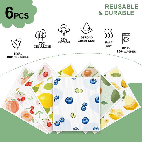 Aitoper 6 Pack, Swedish Dishcloths for Kitchen, Reusable Paper Towels Washable,Super Absorbent, Fast Dry Cleaning