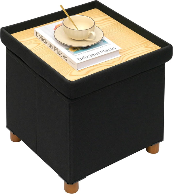 PINPLUS Storage Ottoman Cube, White Linen Footrest with Wooden Legs, Foldable Fabric