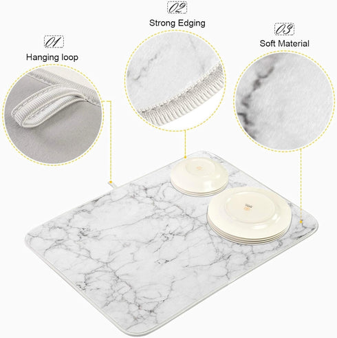 White Marble Dish Drying Mat, Gold Absorbent Microfiber Drying Rack Pads 16x18 inch for Kitchen Countertop