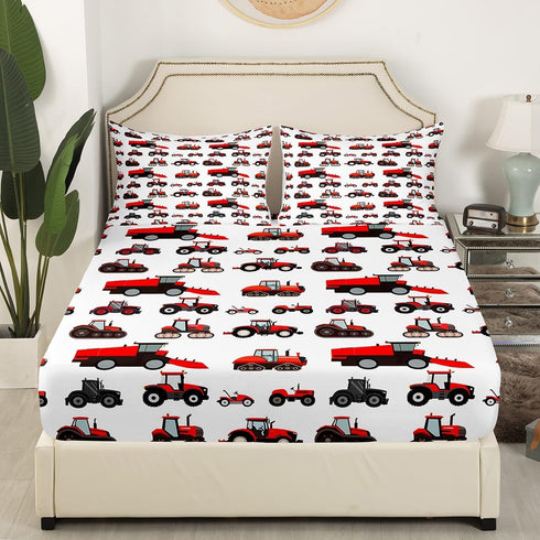 Set Erosebridal Red Tractor Bed Sheet Twin Size Heavy Equipment Truck Bedding Kids Boys Girls Teens Harvester Tractor