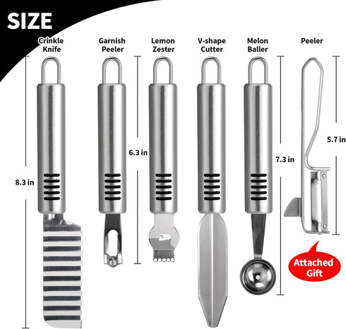 Stainless Steel Fruit Carving Knife Set, 5 Pack Vegetable Engraving Blades for Kitchen, Melon Baller Scoop,Lemon Zester, Garnish Peeler,Crinkle Knife,V-shape Cutter by BURLIHOME