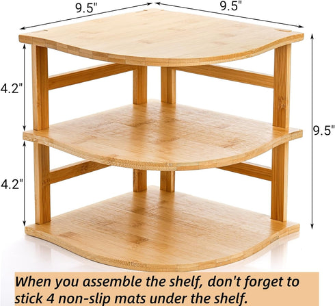 3-Tier Countertop 9.5 9.5 9.5 Inch Goaste Bamboo Corner Shelf, Kitchen Storage Organizer, Cabinet Plate Rack for Pantry