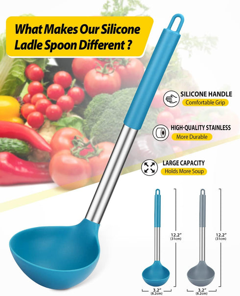 Pack of 2 Silicone Ladle Spoon, Large Non Stick Kitchen Utensils for Cooking, Stirring, Serving Soups (GREY-BLUE)