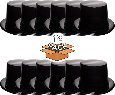 Windy City Novelties 12 Pack Black Plastic Top Hats