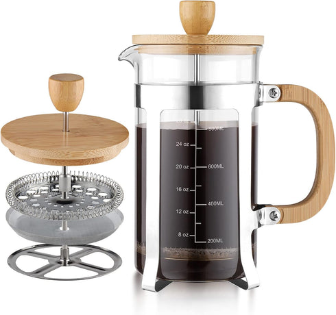Sivaphe 34 OZ Bamboo French Press | Stainless Steel High Borosilicate Glass 1000ML Espresso/Tea Maker Coffee Serving