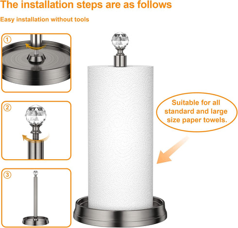 Steel Paper Towel Holder with Crystal Ball, Brushed Nickel Stand for Kitchen Countertops, Fits Standard & Jumbo Rolls
