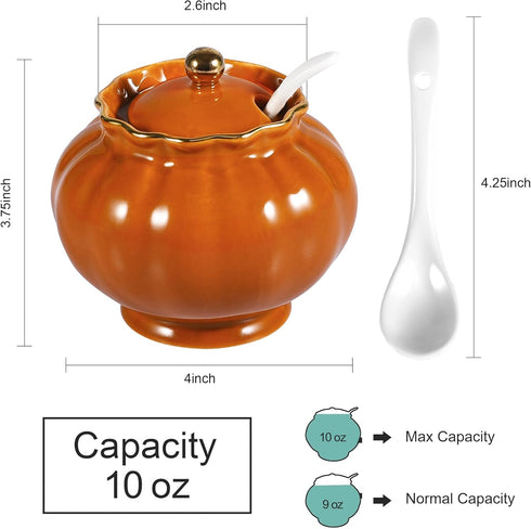 Ceramic Covered Salt Bowl, Sugar Container with Lid and Spoon for Home Kitchen Coffee Bar, 9 OZ, Orange