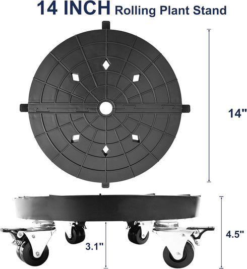 NOAMOO 14 Inch 400lb Plant Caddy with Wheels Outdoor Indoor, Rolling Plant Stand for Heavy Duty Flower Pots, Round