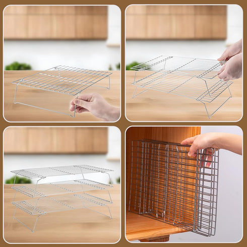 Cooling Rack for Baking, 3 Tiers, 16" x 10" Stackable Collapsible Nonstick Stainless Steel Baking Racks