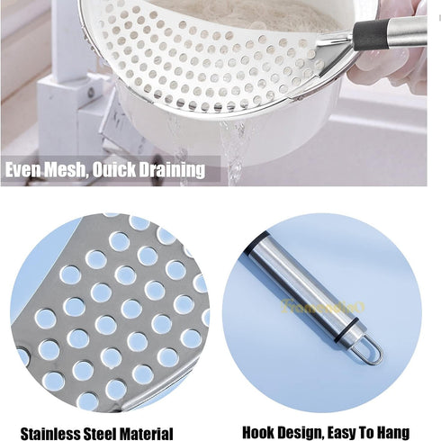 Framendino Stainless Steel Crescent Pot Strainer, Handle Strainer Pan for Noodles, Vegetables, Spaghetti
