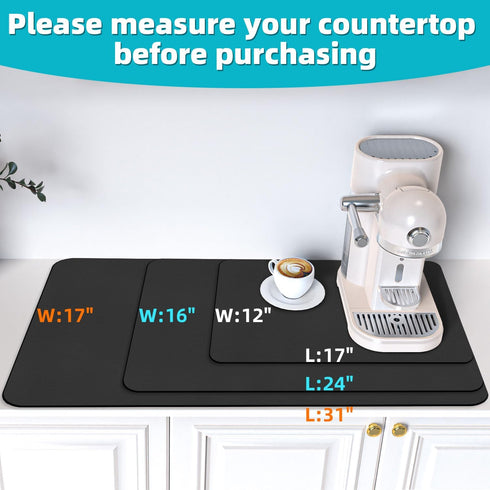 PoYang Coffee Mat, 12" X 17" Coffee Bar Mat with Rubber Backed, Absorbent Dish Drying Mat for Countertops, Black Coffee