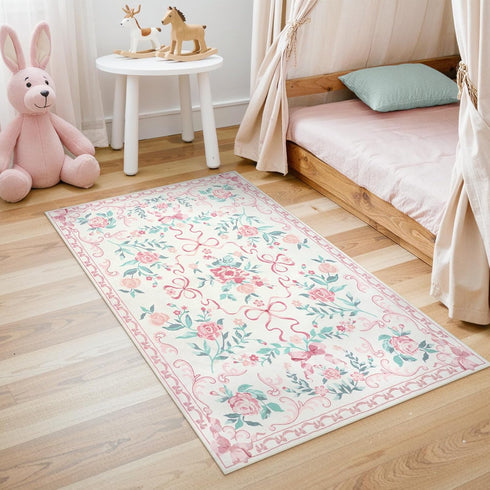 3x5 3' 5') Collive Nursery Rug, Boho Pink Floral Area Rugs Machine Washable, Soft Ultra-Thin Bow Carpet Non Slip
